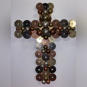 Wood wall Artisanal Chunky ✝️ w/ Repurposed Jewelry Silver, Bronze & Gold tones